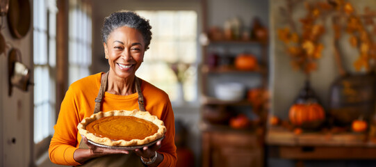 Grandmother old lady holding a pumpkin pie, copyspace, wide banner, fall autumn season, Thanksgiving holiday