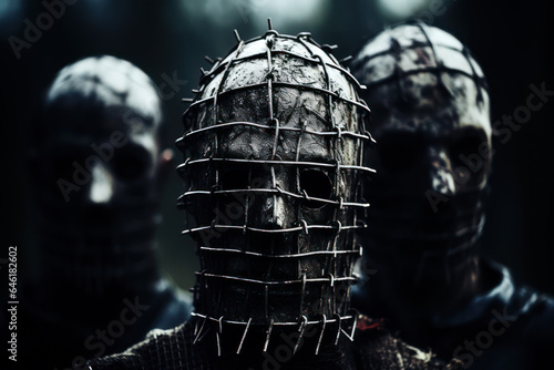 Halloween horror costume, wire head cage, actor