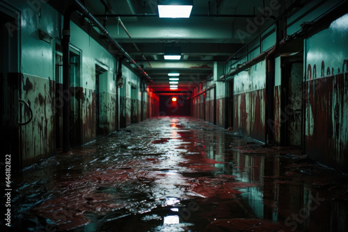 Bloody hallway, Halloween environment, horror background, sanatarium or hospital, prison © Sunshower Shots