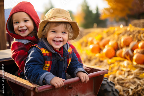 Two kids riding in wagon through pumpkin patch, fall autumn season, fun activity, Thanksgiving, Halloween, copyspace