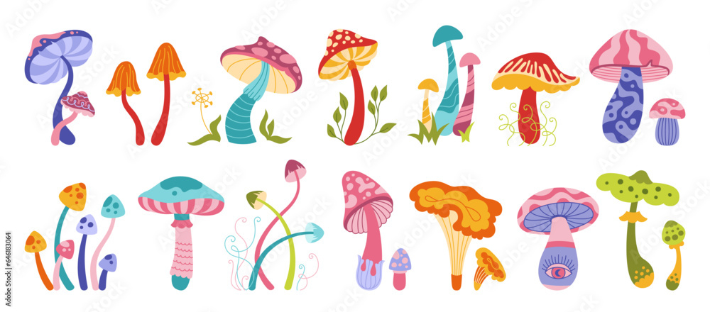 Mushrooms mystical boho magic set. Stylizes hippie poisonous and edible mushrooms. Organic porcini and chanterelle, psychedelic fungus. Tattoo or stickers retro alchemy collection vibrant vector Mushrooms mystical boho magic set. Stylizes hippie poisonous and edible mushrooms. Organic porcini and chanterelle, psychedelic fungus. Tattoo or stickers retro alchemy collection vibrant vector