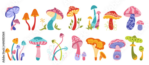 Mushrooms mystical boho magic set. Stylizes hippie poisonous and edible mushrooms. Organic porcini and chanterelle, psychedelic fungus. Tattoo or stickers retro alchemy collection vibrant vector