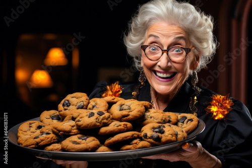 Grandmother old lady holding a tray chocolate chip cookies, fall autumn season, Thanksgiving holiday