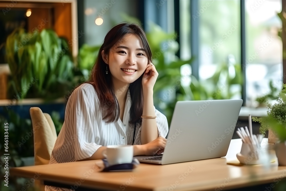 ノートパソコンでミーティングをする日本人女性 with generative ai ノートパソコンでミーティングをする日本人女性 with generative ai