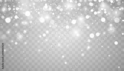 White png dust light. Bokeh light lights effect background. Christmas background of shining dust Christmas glowing light bokeh confetti and spark overlay texture for your design.