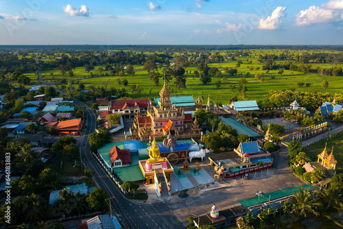 Top view  Aerial photo from flying drone beautiful buddha at Phrathat Rueng Rong temple,Sisaket province,Thailand,ASIA.