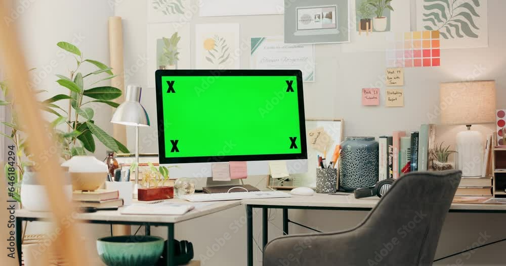 Office, desk and computer with green screen, chromakey and desktop placeholder for website design information. Pc monitor, mockup and space for media promo, branding or logo in creative workplace. Office, desk and computer with green screen, chromakey and desktop placeholder for website design information. Pc monitor, mockup and space for media promo, branding or logo in creative workplace.
