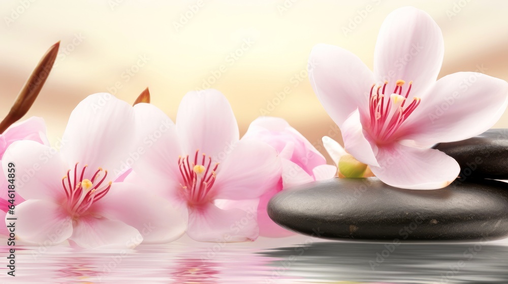Beautiful flower blooming branch over the water with reflection in a pond, close-up with soft focus