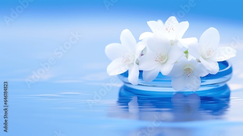 Beautiful flower blooming branch over the water with reflection in a pond, close-up with soft focus