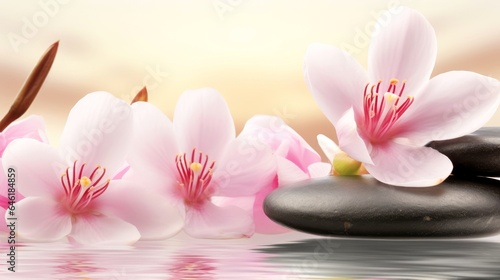Beautiful flower blooming branch over the water with reflection in a pond  close-up with soft focus