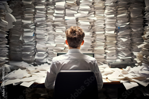 Back view of businessman in the workplace on office desk surrounded by a pile of documents. Business concept of work and hard work.