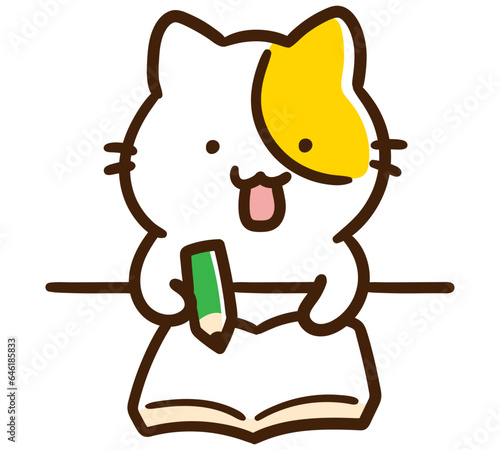 机で楽しく勉強するかわいいねこのキャラクターのデフォルメイラスト