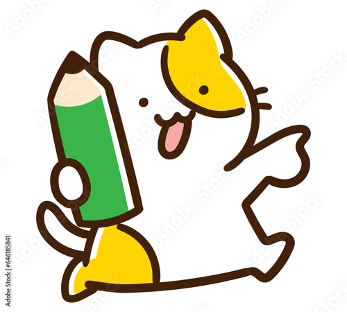 鉛筆を持って右側を指差すかわいいねこのキャラクターのデフォルメイラスト