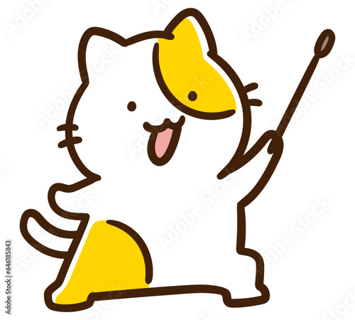 教鞭を持って右上を示すかわいいねこのキャラクターのデフォルメイラスト
