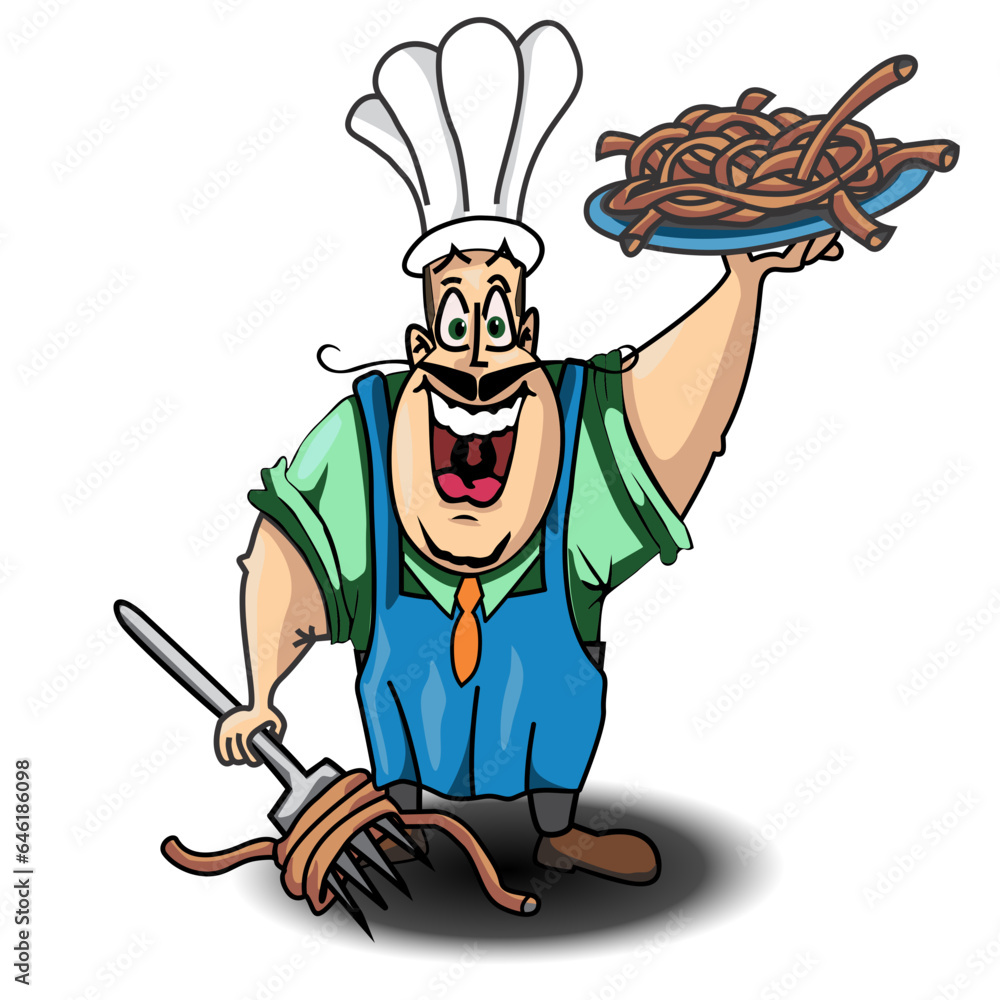 Cozinheiro bigodudo com um prato de macarrão e um garfo.