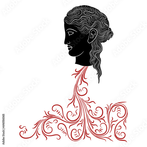 Blood pouring from a severed antique female head. Medusa Gorgon. Creative concept. Monochrome silhouette.
