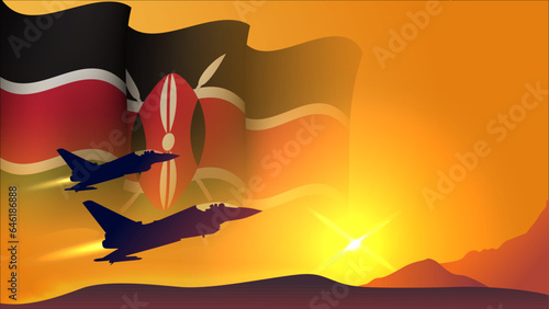 fighter jet plane with kenya waving flag background design with sunset view suitable for national kenya air forces day event