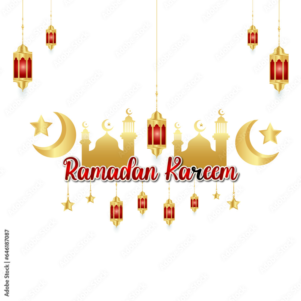Naklejka premium Lettering ramadan kareem islamic arabic typography text for marhaban ya ramadhan sticker with lantern mosque background