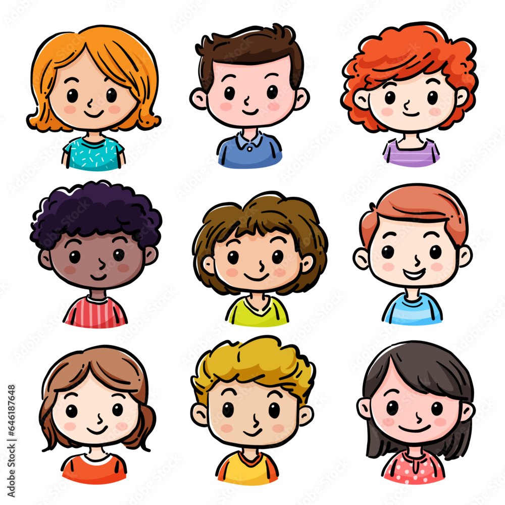 Cartoon children avatars set. Cute face of boys and girls with different hairstyles, skin colors and ethnicities. Vector illustration with hand drawn style Cartoon children avatars set. Cute face of boys and girls with different hairstyles, skin colors and ethnicities. Vector illustration with hand drawn style