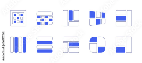 Grid icon set. Duotone style line stroke and bold. Vector illustration. Containing grid, mesh, table, layout, menu, square layout, header, parts, perspective.