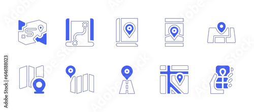Map icon set. Duotone style line stroke and bold. Vector illustration. Containing map, map book, mobile map, maps.