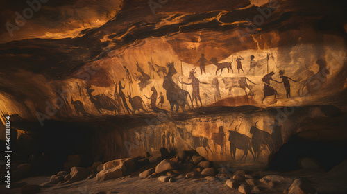 Paleolithic cave paintings. Human and animal figures, ancient art with a glimpse into the life, beliefs, and culture of our early ancestors