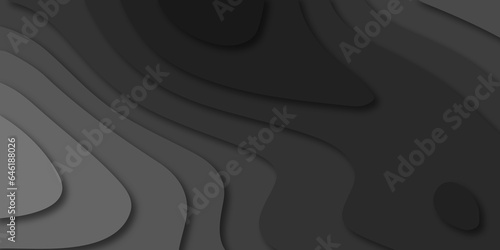 Abstract 3d black papercut and topography relief. Carving art black papercut background. dark black papercut background. Abstract realistic papercut decoration textured with wavy lines and layers.