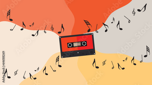 Cassette tape with musical note retro style vector illustration isolated in retro colors have blank space. abstract musical background with music nodes 