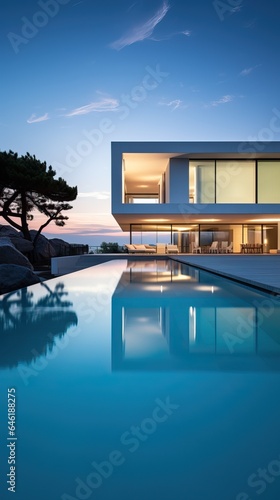 Luxurious Exterior Design of a Modern White House with a Pool. Expensive. © Luca