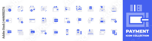 Payment icon collection. Duotone style line stroke and bold. Vector illustration. Containing payment, exchange, bill, smartphone, credit card, money, point of service, payment method, and more.