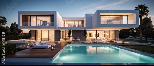 Luxurious Exterior Design of a Modern White House with a Pool. Expensive.