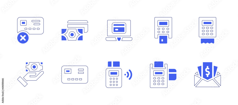 Payment icon set. Duotone style line stroke and bold. Vector illustration. Containing no credit card, pay, payment method, credit card, dataphone, edc, pos terminal, payroll.