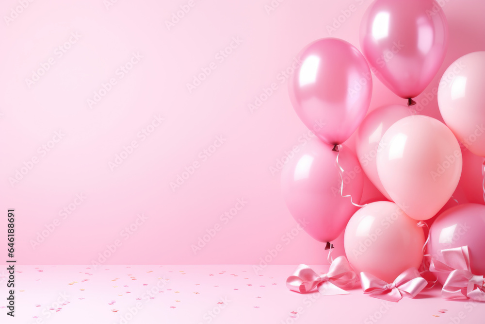 Pink Birthday Background with Balloons and Ribbons - Generative AI