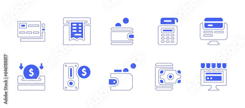 Payment icon set. Duotone style line stroke and bold. Vector illustration. Containing payment terminal, online payment, mobile payment, credit card, bill, wallet, insert coin, coin.