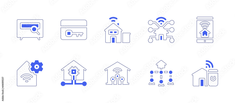 Smart house icon set. Duotone style line stroke and bold. Vector illustration. Containing smart tv, key card, smart home, smart house.