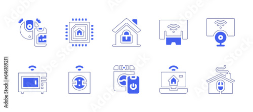 Smart house icon set. Duotone style line stroke and bold. Vector illustration. Containing vacuum cleaner, chip, microwave oven, socket, smart tv, security, laptop, smarthome, washing machine. © Huticon