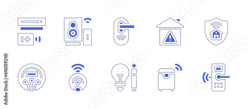 Smart house icon set. Duotone style line stroke and bold. Vector illustration. Containing home, home security, smart lock, smart trash, smart light, air conditioning, speaker, robot vacuum. © Huticon