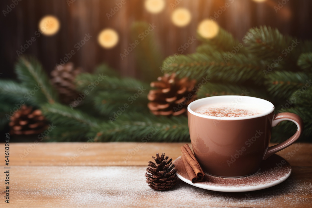 Hot Chocolate Cup with Christmas Pine Background - Festive Treat, Generative AI