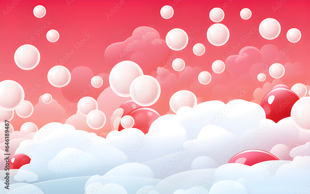 Colorful circle-shaped bubbles float on beautiful pastel colored clouds.