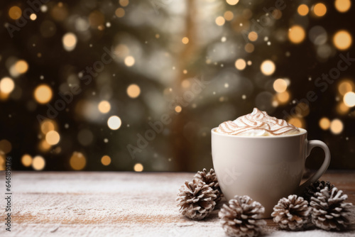 Hot Chocolate Cup with Snow Christmas Pine Background - Festive Treat, Generative AI