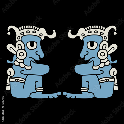 
Symmetrical ethnic design with two seated funny blue men. Native American art from Mayan codex. On black background.