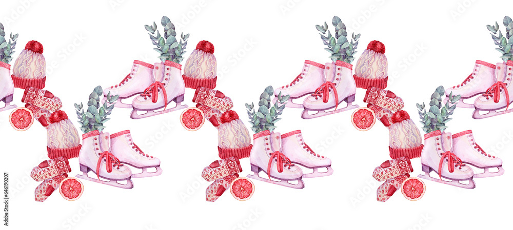 Seamless rim watercolor winter red hat and mittens and skates on white background. Border with eucalyptus for Christmas celebration invite or sketchbook. Pattern for frame or wrapping and wallpaper