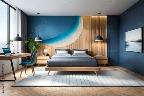 Modern bedroom interior with stylish combination of trendy blue and light wood texture/3D illustration, 3d rendering