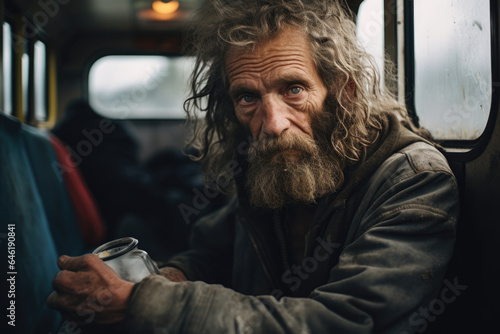 Homeless Man with Long Hair and Beard - Generative AI photo