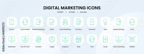 Digital marketing icon collection with blue and green gradient outline style. marketing, digital, social, media, business, internet, web. Vector Illustration