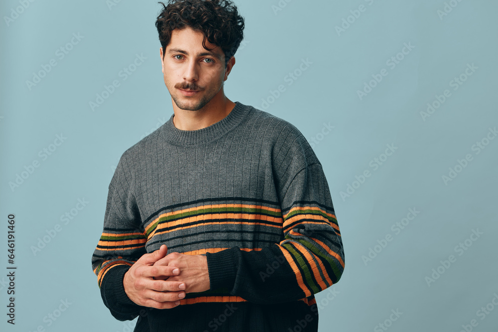 Obraz premium Man smile fashion look trendy style portrait copyspace handsome standing face sweater hipster