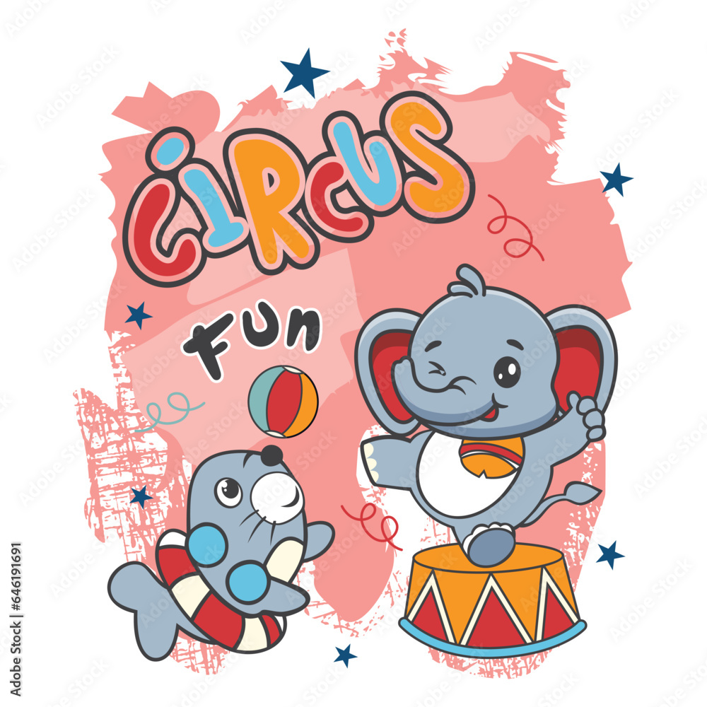 vector illustration of cute circus elephant and seal