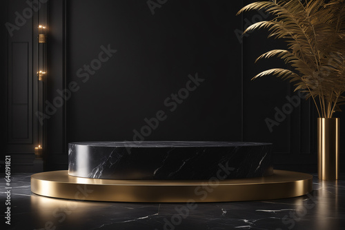 3d render of golden podium on black marble background with palm leaves