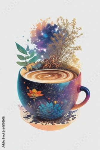  details galaxy inside a cup of coffee, white background, T-shirt design, streetwear design, pro vector, full design, 6 colors only, solid colors, no shadows, full design, warm colors, plants, isometr photo