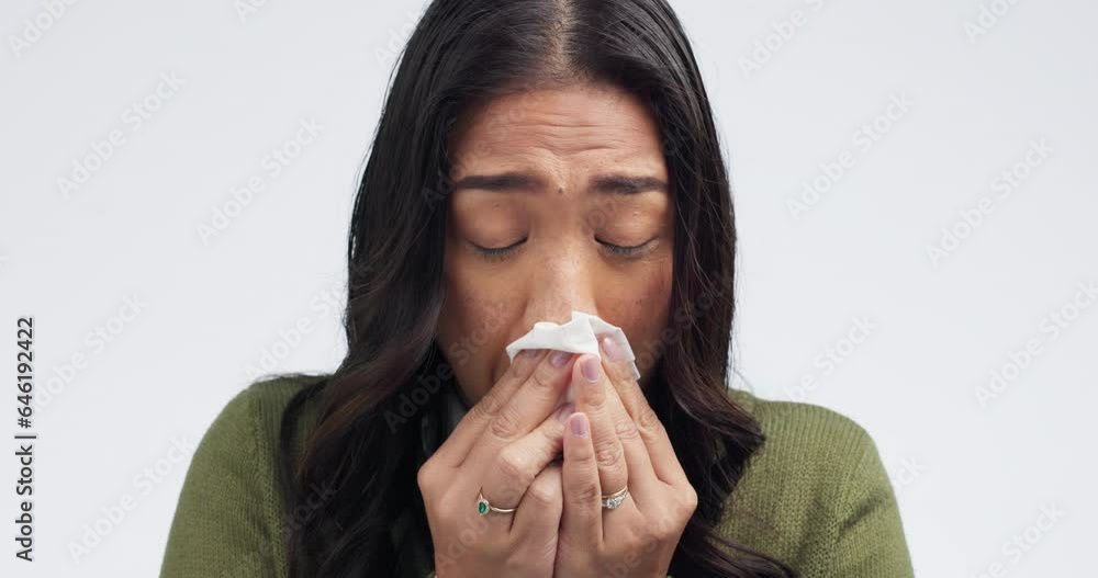 Sneeze, sick woman and allergies with nose blowing in tissue and toilet